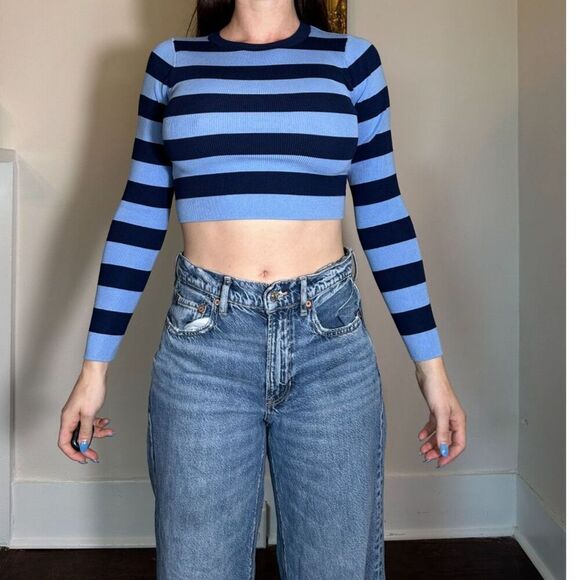 Zara Preppy Blue Striped Cropped Sweater Size Small - Picture 1 of 4